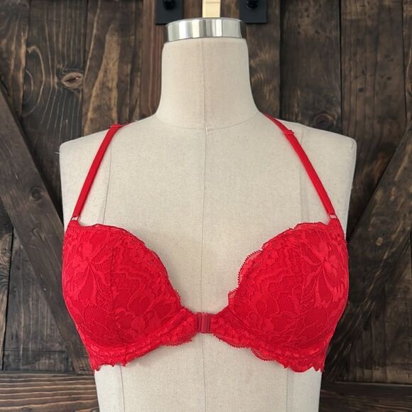 Pink Victorias Secret red lace date racerback wired bra padded Sz-32B - Picture 1 of 12